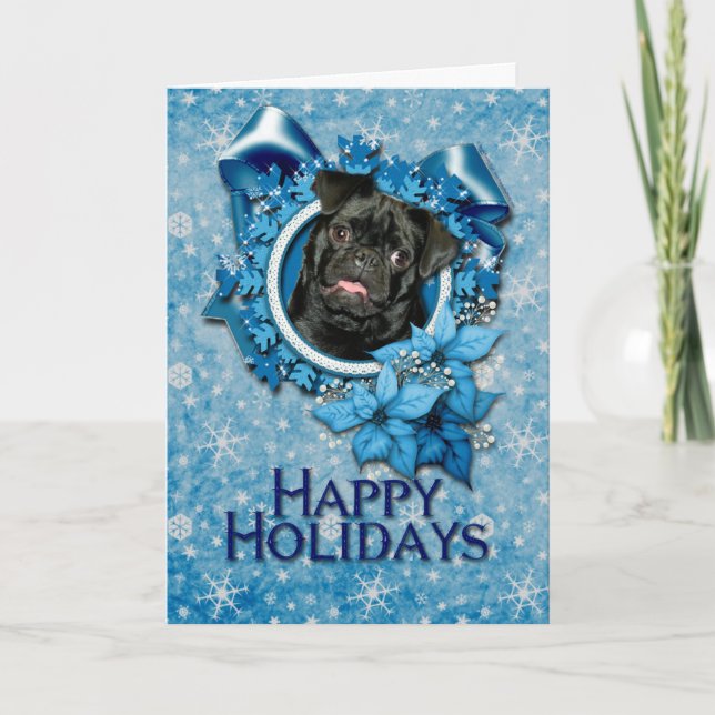Cartão De Festividades Natal - Floco de Neve Azul - Pug - Ruffy (Frente)