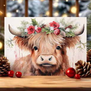 Cartão De Festividades Natal Floral Aquarela Vaca das Terras Altas Bebê F