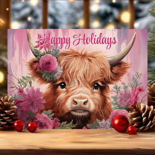 Cartão De Festividades Natal Floral Bebê Vaca das Terras Altas Feliz Nata