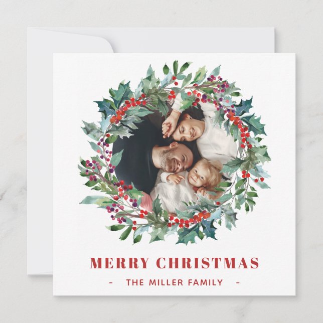 Cartão De Festividades Natal Floral Holly e bagas wreath 2 Fotografias (Frente)