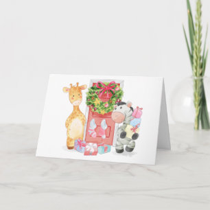 Cartão De Festividades Natal fofo de girafa e zebra desenhados à mão
