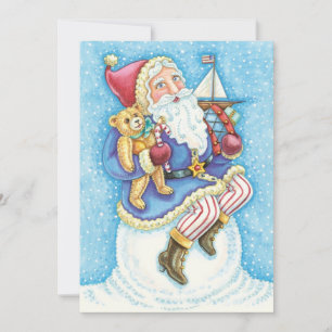 Cartão De Festividades Natal fofo, Papai Noel na Bola de Neve com Brinque