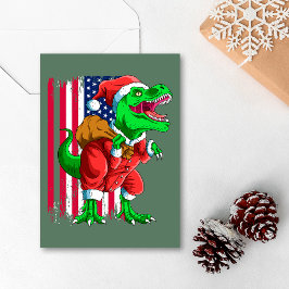 Cartão De Festividades Natal Fofo Verde Papai Noel TRex Tiranossauro Xmas