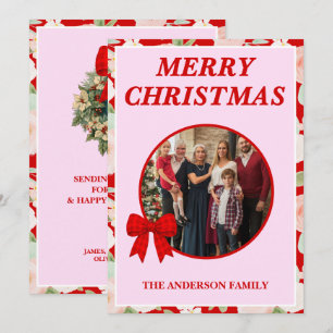 Cartão De Festividades Natal Foto da Família com Laço de Ginga Vermelha d