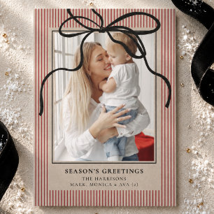 Cartão De Festividades Natal Foto da Família com Listra Vermelha e Laço P