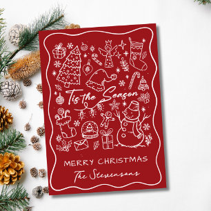 Cartão De Festividades Natal Foto Dobrada Desenhada à Mão Vermelha e Bran
