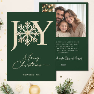 Cartão De Festividades Natal Foto Elegante JOY Dourado Verde Floresta
