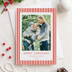 Cartão De Festividades Natal Foto Listras Vermelhas e Brancas Minimalista