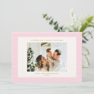 Cartão De Festividades Natal Foto Personalizada Listras Rosa Fofo Vintage