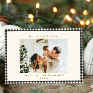 Cartão De Festividades Natal Foto Personalizada Preto Xadrez Gingham Vint