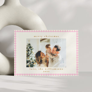 Cartão De Festividades Natal Foto Personalizada Xadrez Gingham Rosa Vinta