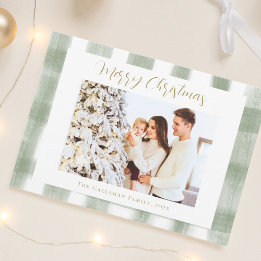 Cartão De Festividades Natal Foto Personalizada Xadrez Gingham Verde Fofo