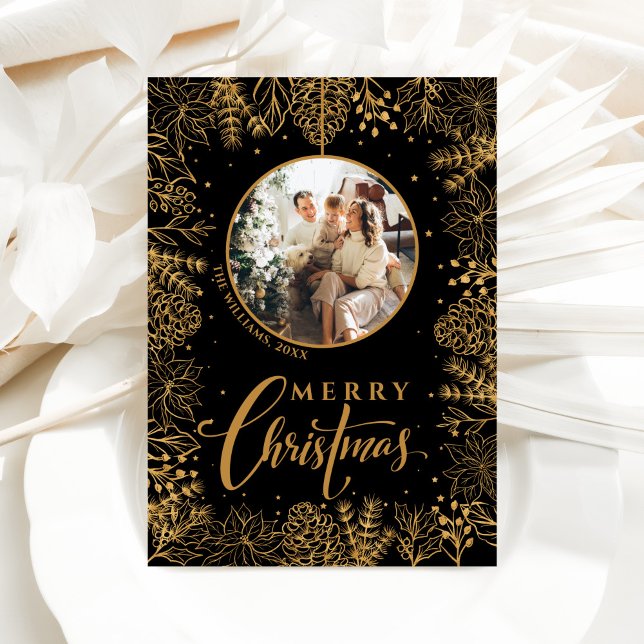 Cartão De Festividades Natal Foto Preto Moderno Minimalista (Criador carregado)