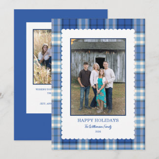 Cartão De Festividades Natal Foto Quadro de Babados Xadrez Azul 