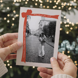 Cartão De Festividades Natal Foto Retro Laço Laranja Minimalista