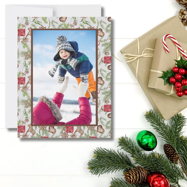 Cartão De Festividades Natal Foto Rústico Popular Nórdico Escandinavo (Nordic Scandinavian Folk Art One Photo Christmas Card)