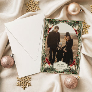 Cartão De Festividades Natal Foto Vintage Amaryllis e Azevinho