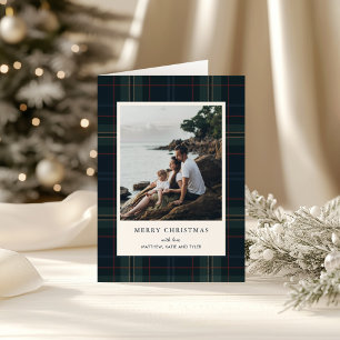 Cartão De Festividades Natal Foto Xadrez Azul Marinho e Verde Elegante