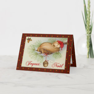 Cartão De Festividades Natal francês, Esquilo Vintage, pinheiro e bolota