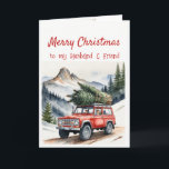 Cartão De Festividades Natal ganhando árvore de Natal do amigo marido<br><div class="desc">Vermelho 4x4 carregado com a família saindo na árvore de Natal. Memórias tradicionais de Natal do que ele foi um marido maravilhoso. Feliz Natal Desejo ao meu marido,  meu amigo</div>