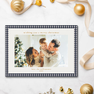 Cartão De Festividades Natal Gingham Xadrez Azul Marinho com Foto de Famí