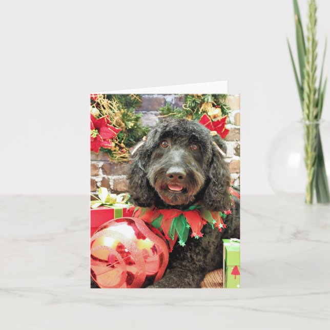 Cartão De Festividades Natal - GoldenDoodle - Emperramento Pérola (Frente)