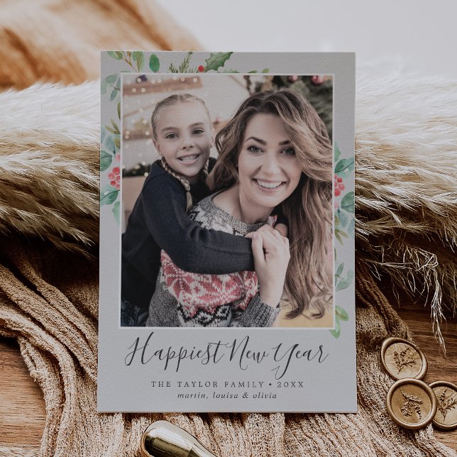 Cartão De Festividades Natal Greenery Foto da Família de Ano Novo Mais Fe (Criador carregado)