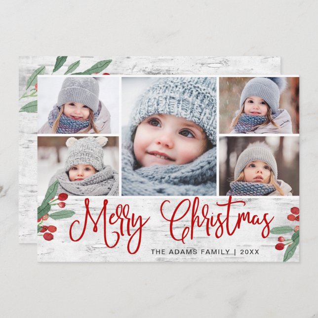 Cartão De Festividades Natal Holly Berry Rustic Birth 5 FOTO (Frente/Verso)