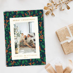 Cartão De Festividades Natal Holly Greenery Dois Marinhos Verticais de Fo<br><div class="desc">Natal Holly Botanical Greenery Duas Fotos Verticais Cartão de Férias Retroativo em Azul,  Vermelho e Verde Marinho</div>