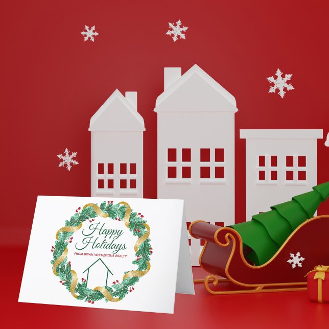Cartão De Festividades Natal Imobiliário Dourado Personalizado Verde Legí (Criador carregado)
