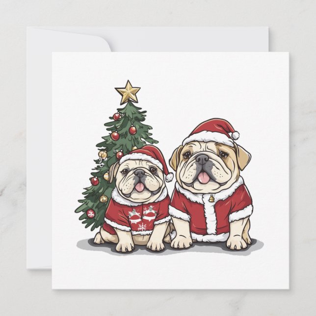 Cartão De Festividades Natal Inglês Buldogue Santa Hats (Frente)