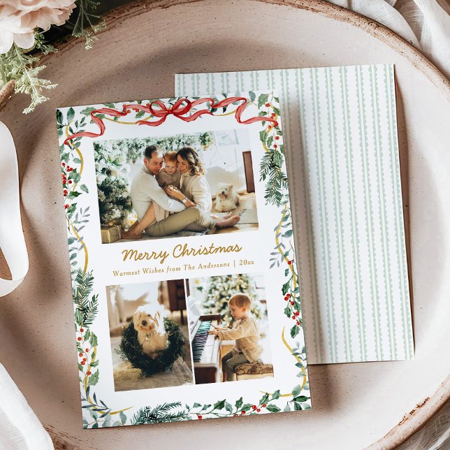 Cartão De Festividades Natal Lush Winter Greenery & Red Arco 3 Foto (Criador carregado)