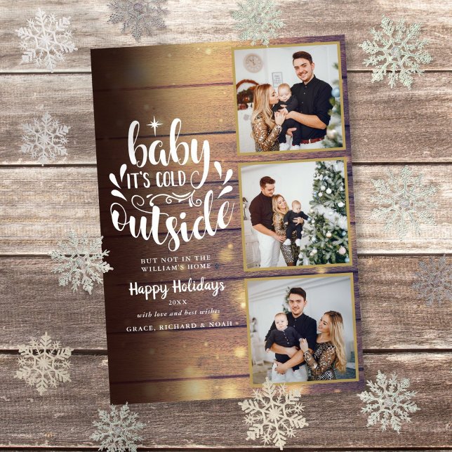 Cartão De Festividades Natal Madeira Rústica 3 Colagem de Fotos (Christmas Rustic Wood 3 Photo Collage Holiday Card)