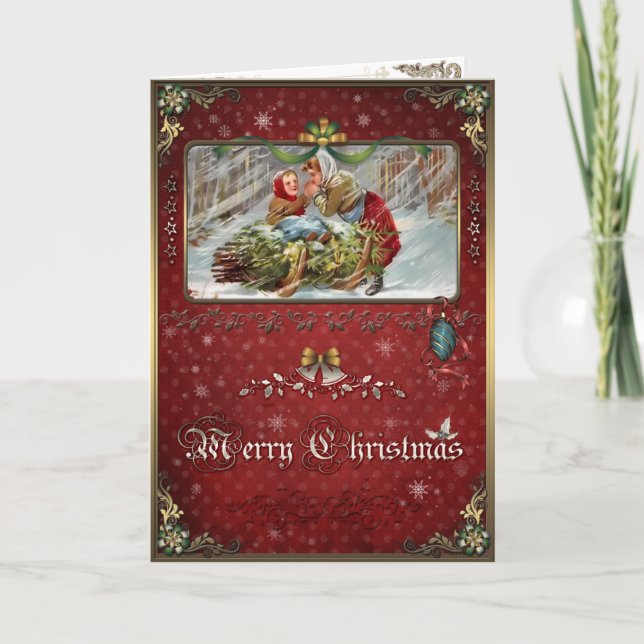 Cartão De Festividades Natal, mãe e filha numa floresta de inverno. (Frente)