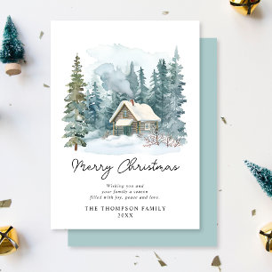 Cartão De Festividades Natal Manuscrito Aconchegante de Cabana em Aquarel