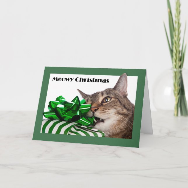 Cartão De Festividades Natal Meowy (Feliz) com Gato Fofo e Presente (Frente)