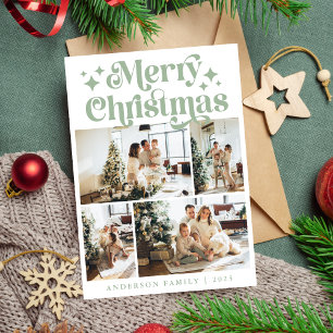 Cartão De Festividades Natal Minimalista Feliz 4 Foto Retro Verde