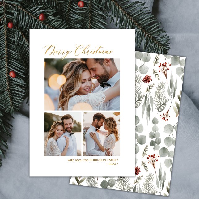 Cartão De Festividades Natal Mínimo de Script Botânico 3 com Várias Fotog (Criador carregado)