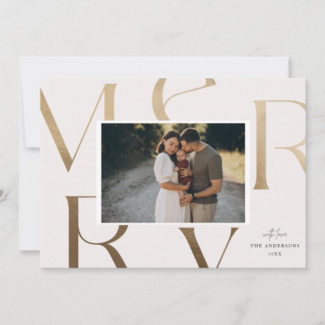 Cartão De Festividades Natal Moderno 1 Foto Dourado Falso Férias  (Frente)