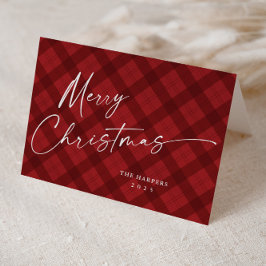 Cartão De Festividades Natal Moderno em Xadrez Vermelho com Letra Elegant