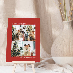 Cartão De Festividades Natal Moderno Minimalista Vermelho com Três Fotos