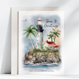 Cartão De Festividades Natal na Palma da Torre de Farol no Mar Costeiro