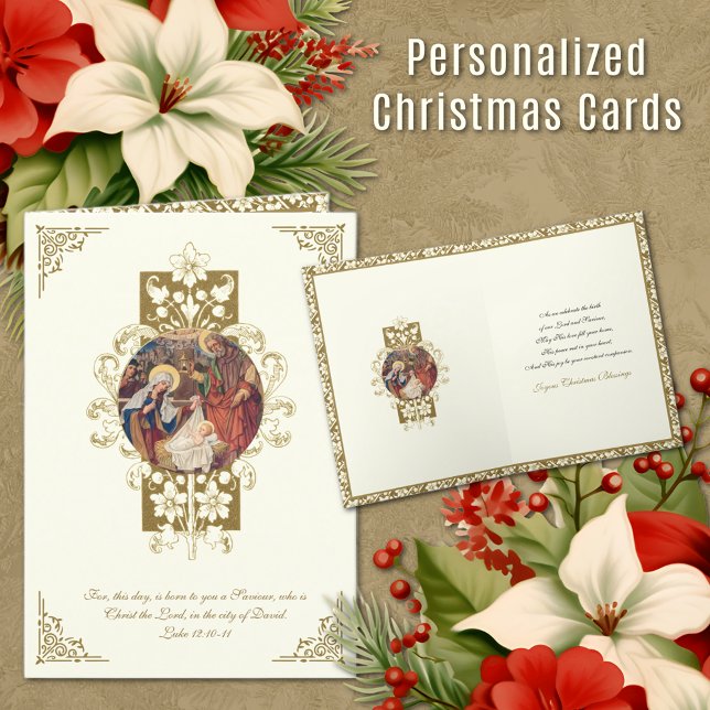 Cartão De Festividades Natal Natividade Religiosa Jesus Mary Joseph (Personalized Religious Vintage Christmas Cards with Scripture and Holy Family)