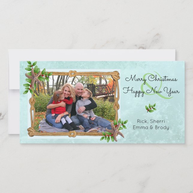 Cartão De Festividades Natal náutico na zona costeira de Starfish (Frente)