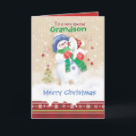 Cartão De Festividades Natal, neto. Cute Snowman e Puppy<br><div class="desc">Um doce cartão de Natal para um neto jovem. Ele apresenta uma adorável criança de neve abraçando um filhote de neve fofo. Ele está vestindo um chapéu azul, lenço verde e luvas vermelhas enquanto seu filhote está vestindo um chapéu de Papai Noel. A neve está caindo ao seu redor e...</div>