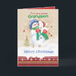 Cartão De Festividades Natal, neto. Cute Snowman e Puppy<br><div class="desc">Um doce cartão de Natal para um neto jovem. Ele apresenta uma adorável criança de neve abraçando um filhote de neve fofo. Ele está vestindo um chapéu azul, lenço verde e luvas vermelhas enquanto seu filhote está vestindo um chapéu de Papai Noel. A neve está caindo ao seu redor e...</div>