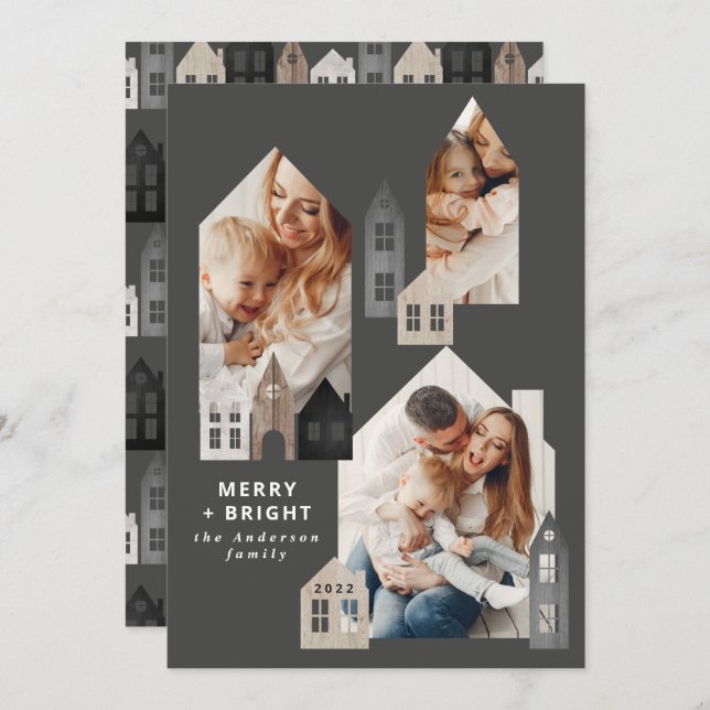 Cartão De Festividades Natal no Japão moderno Casas nórdicas 3 fotos (Frente/Verso)