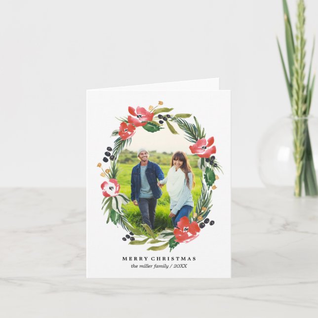 Cartão De Festividades Natal oval floral da foto | da aguarela chique (Frente)