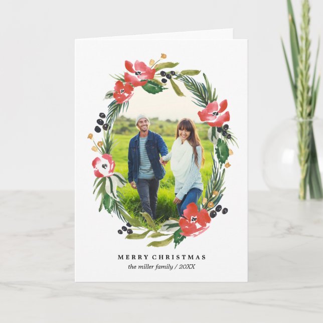 Cartão De Festividades Natal oval floral da foto | da aguarela chique (Frente)