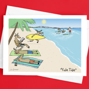 Cartão De Festividades Natal, Papai Noel e Rena na Praia, Natal
